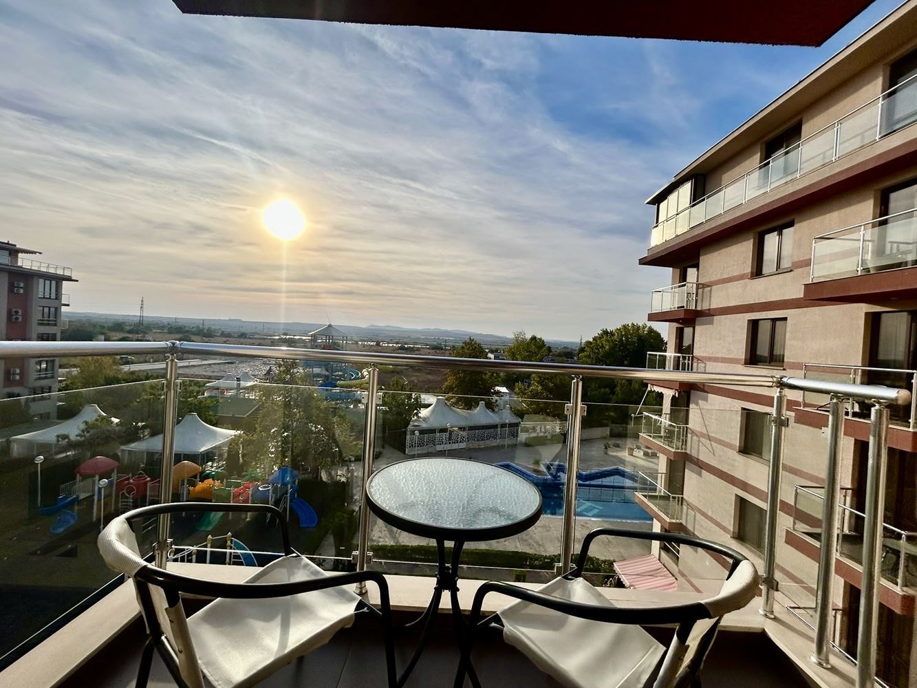 Two-room apartment with a pool view in a complex with extensive infrastructure