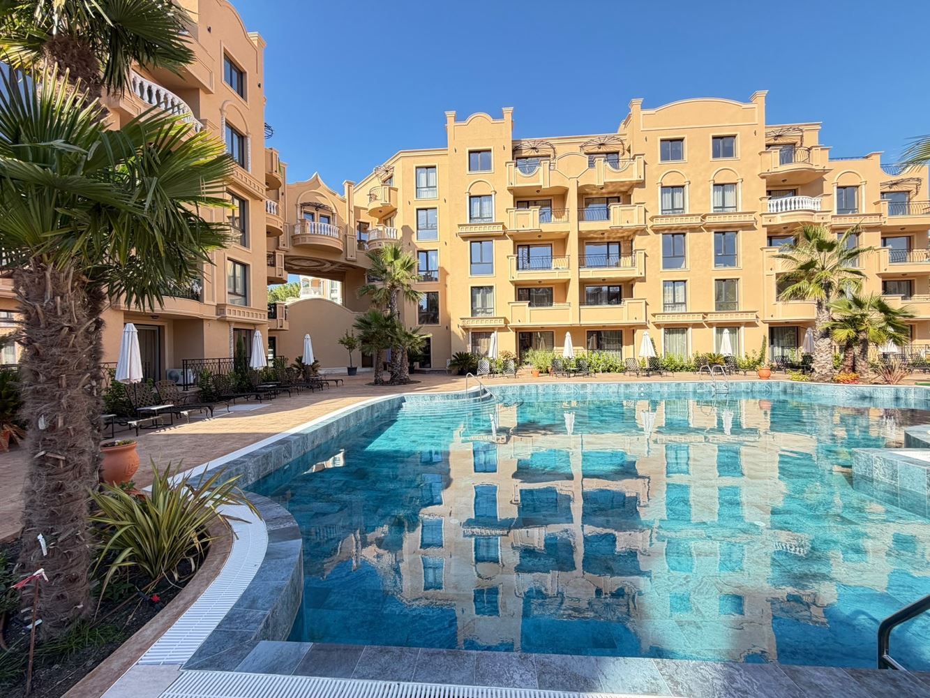 Studio in a new luxury complex in Sunny Beach with a view of the pool and garden