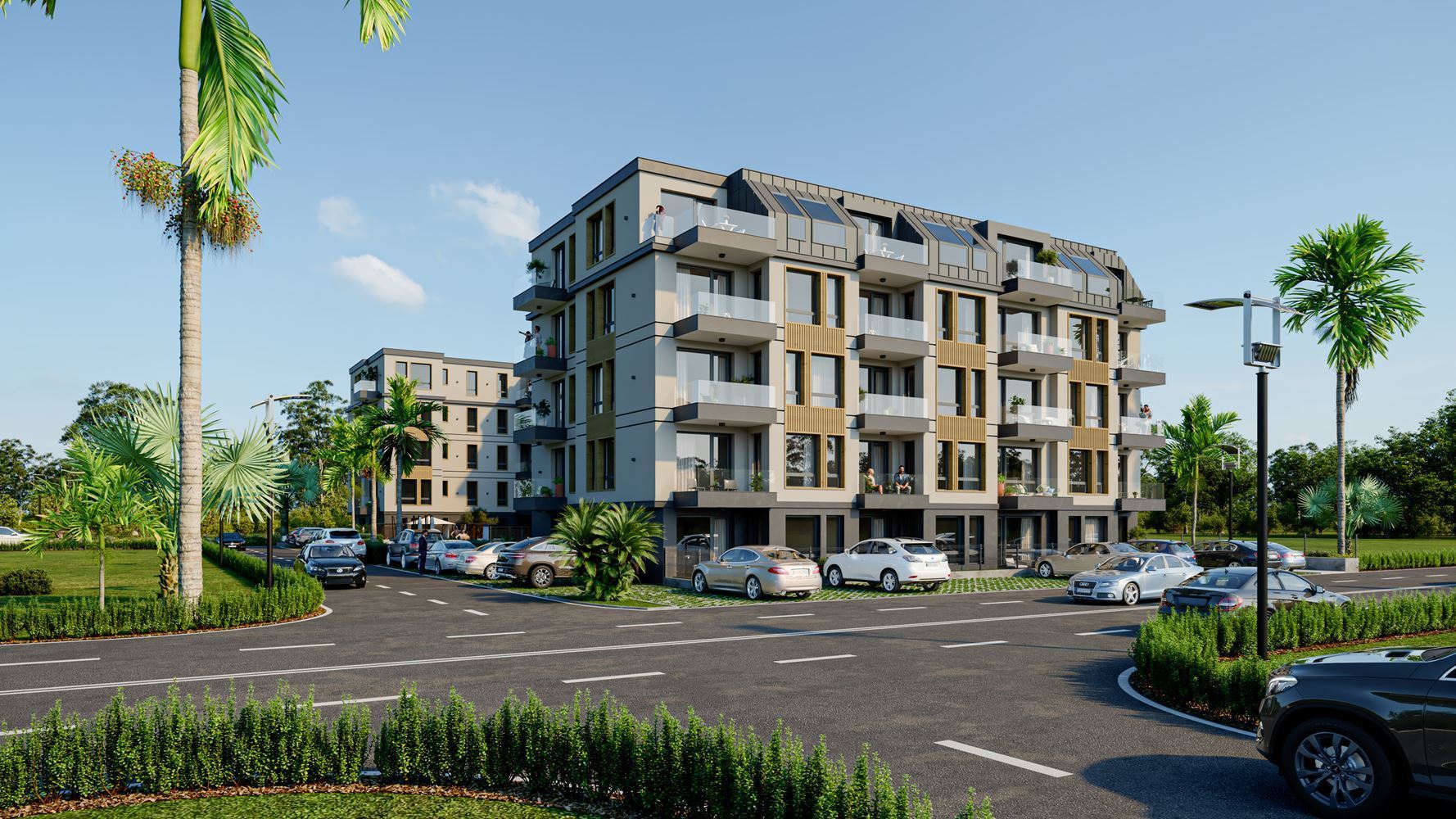 New one-bedroom apartment in a stylish complex with a swimming pool, 500 m from the beach in Ravda