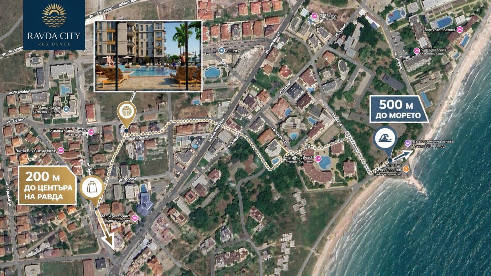 New one-bedroom apartment in a stylish complex with a swimming pool, 500 m from the beach in Ravda