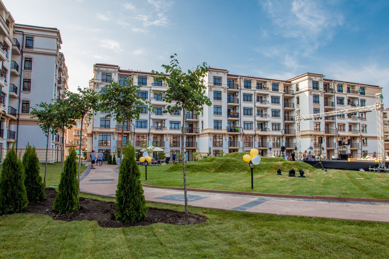 Cozy One-Bedroom Apartment in Pomorie with Low Maintenance Fee and View of a Landscaped Garden