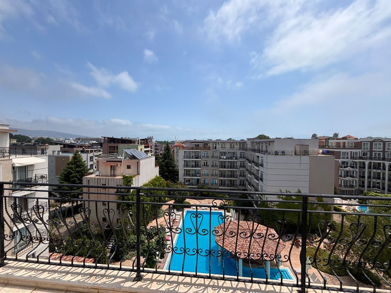 Furnished studio with panoramic terrace and pool view in Sunny Beach – comfort and SPA amenities all year round
