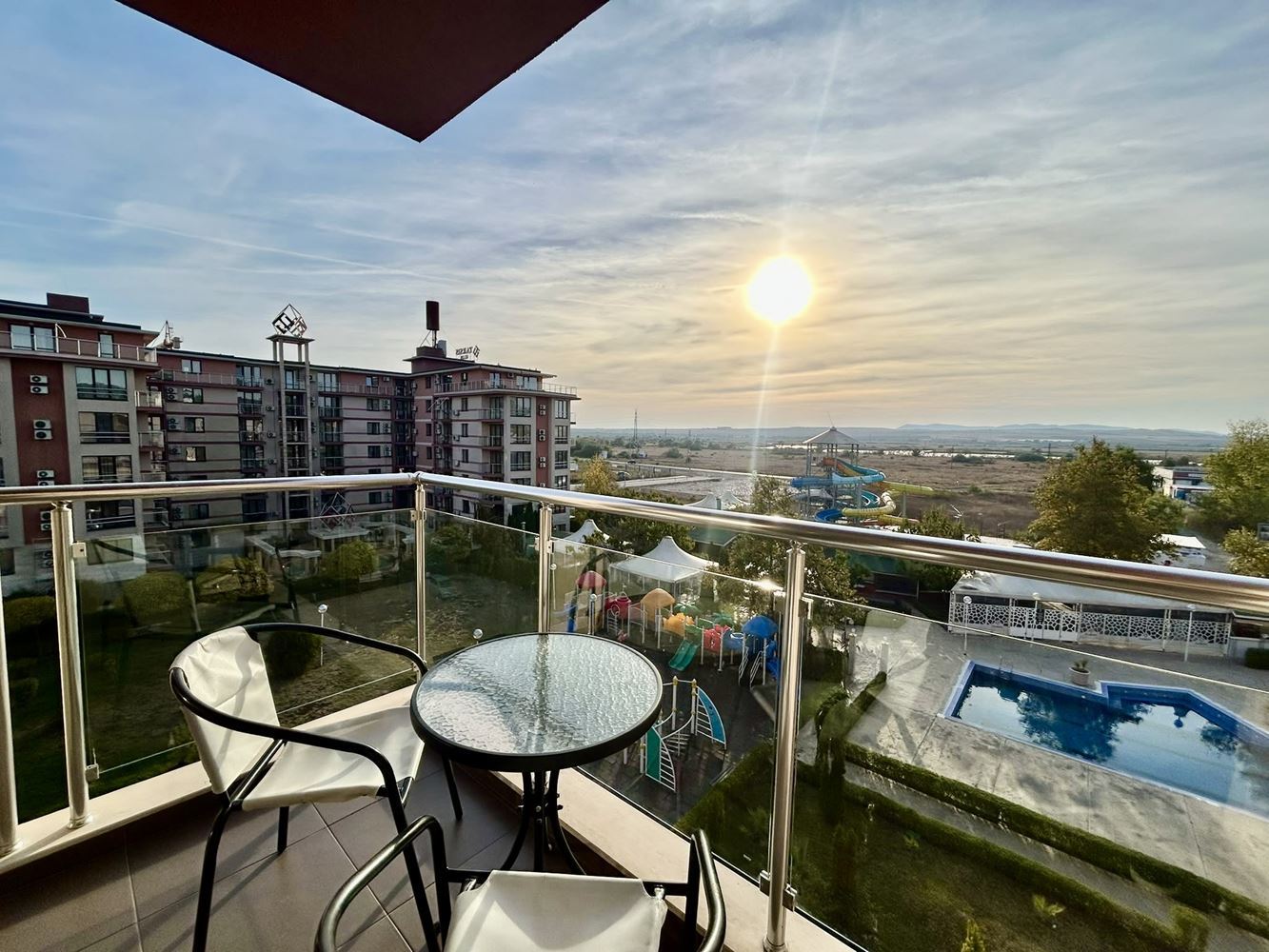 Two-room apartment with a pool view in a complex with extensive infrastructure