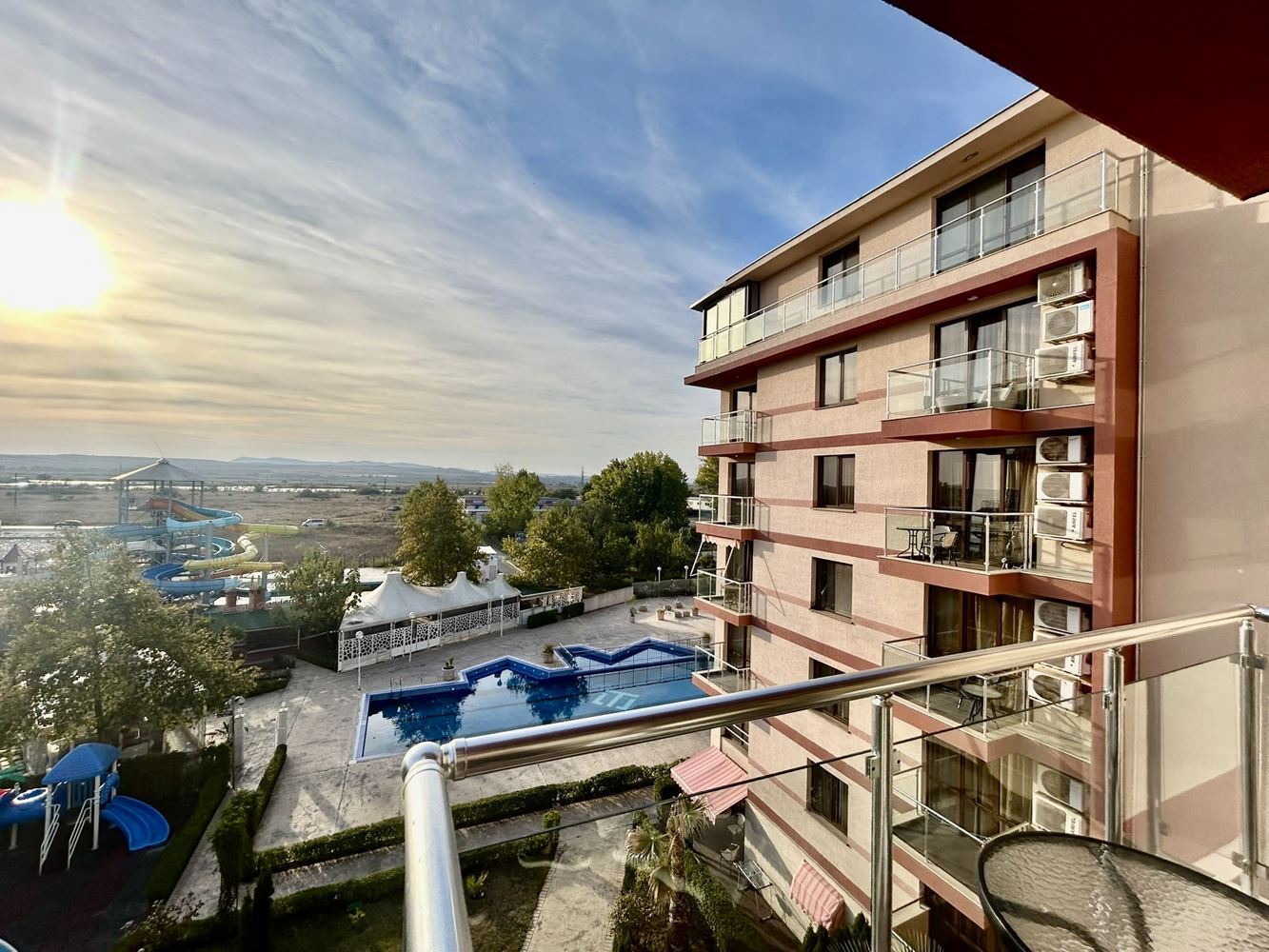 Two-room apartment with a pool view in a complex with extensive infrastructure