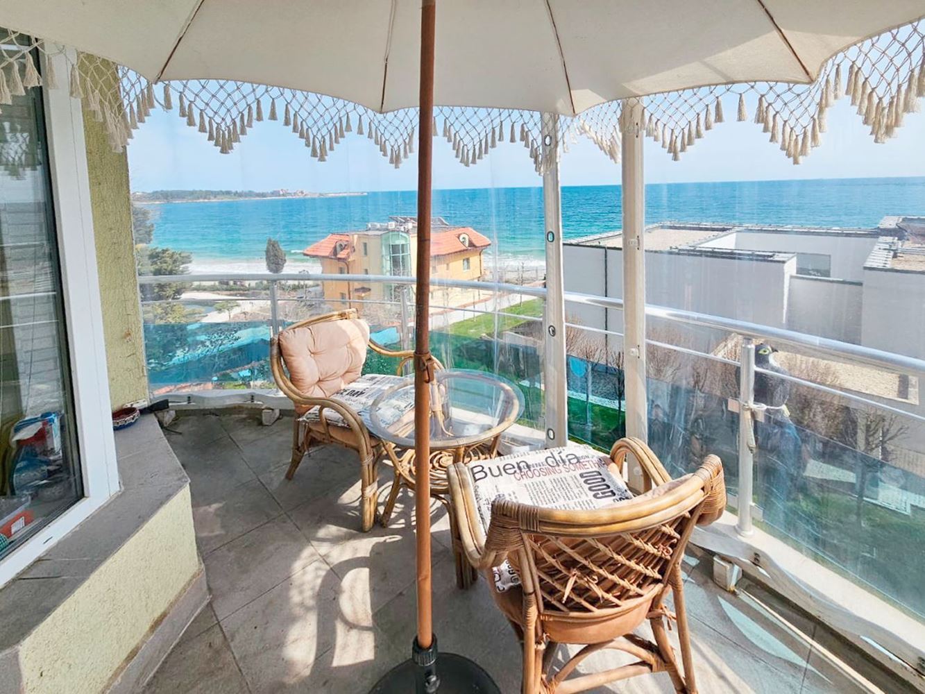 Luxury two-bedroom apartment with sea view on the first line in Ravda – 114 m², two terraces, and full comfort