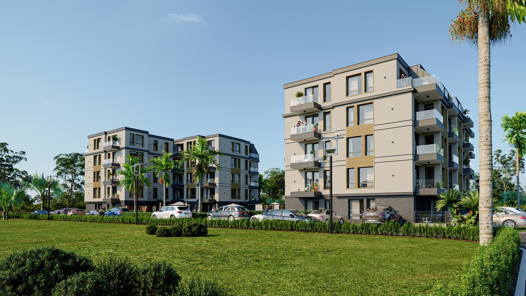 New one-bedroom apartment in a stylish complex with a swimming pool, 500 m from the beach in Ravda