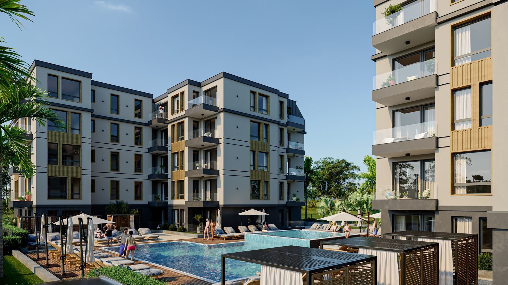 New one-bedroom apartment in a stylish complex with a swimming pool, 500 m from the beach in Ravda
