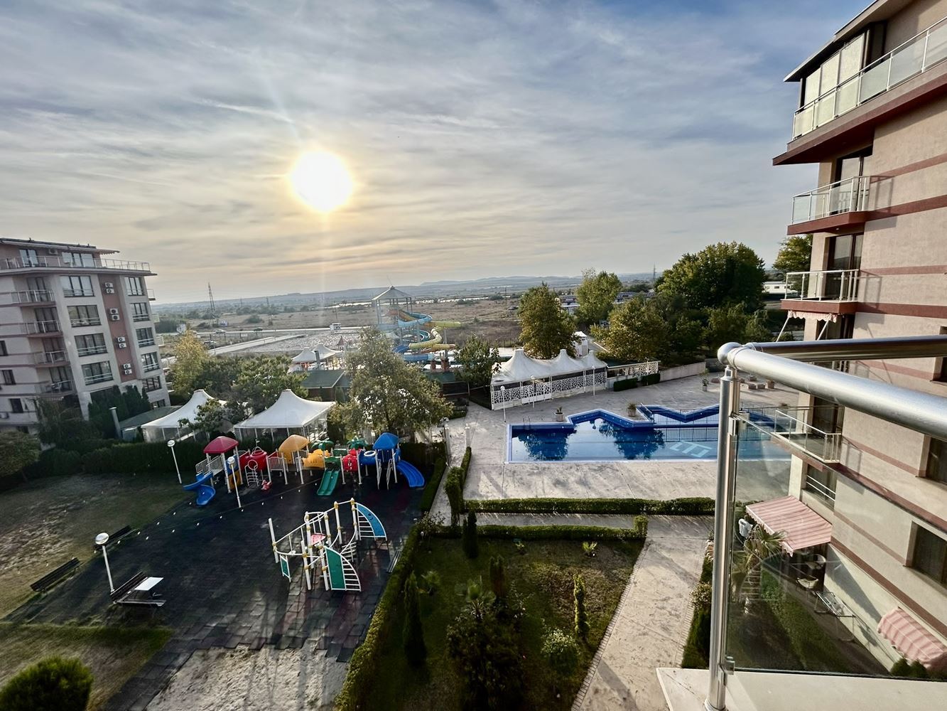 Two-room apartment with a pool view in a complex with extensive infrastructure
