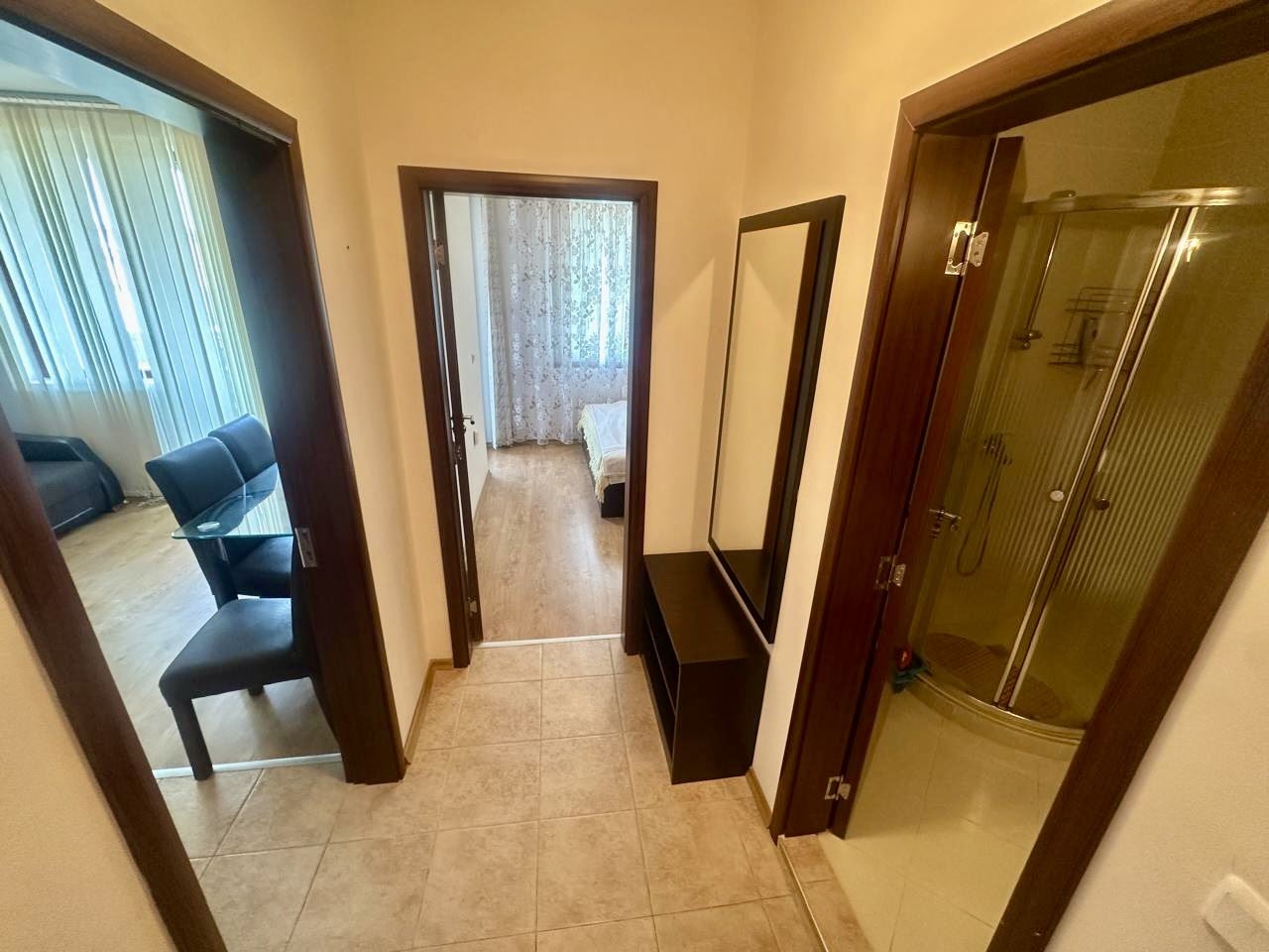 Spacious one-bedroom apartment with a view of the landscaped garden in Nessebar